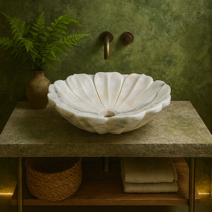 Luxury Marble Vessel Sink – Hand-Carved White Natural Stone Basin for Bathroom Vanity, One-of-a-Kind Designer Wash Bowl