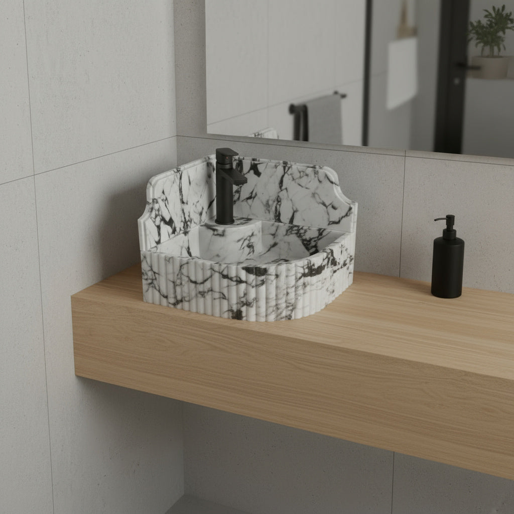 Marble Sink – Calacatta Viola Corner Wall-Mount Bathroom Sink with Fluted Design & 8" Backsplash | Luxury Natural Stone Basin 16"x16"x8"