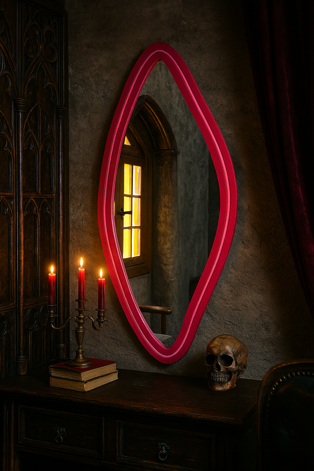 Neon LED Wavy Wall Mirror – Modern Irregular Shape MDF Frame Mirror | Decorative Accent for Bedroom & Living Room