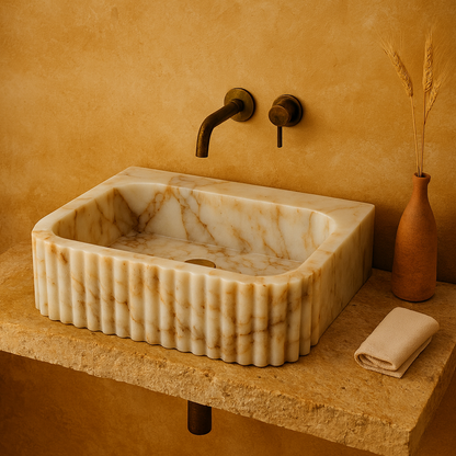 Marble Sink – Calacatta Stone Vessel Sink for Bathroom | Fluted Luxury Rectangular Basin 16"x20"x5.5"