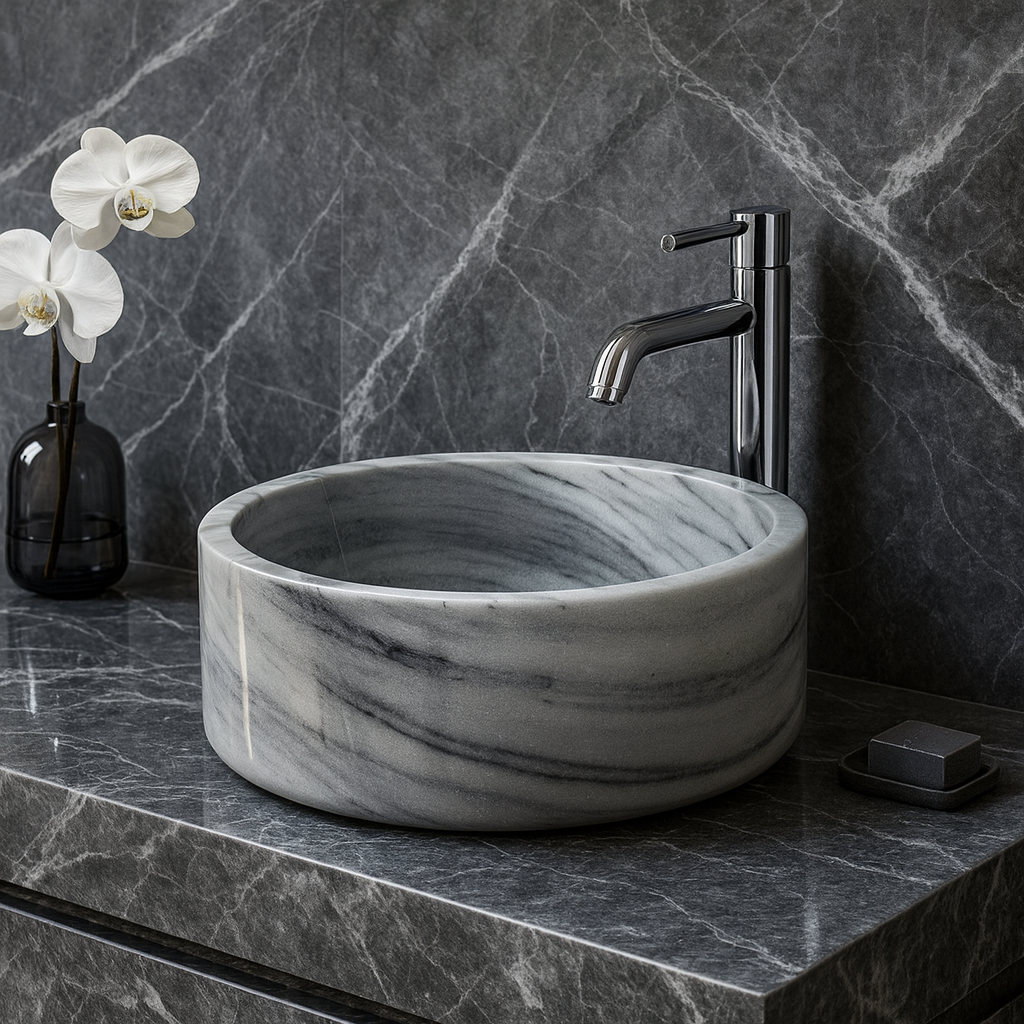 Marble Sink – Grey Stone Vessel Sink for Bathroom | Round Natural Marble Basin 16.5"x16.5"x6"