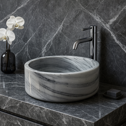 Marble Sink – Grey Stone Vessel Sink for Bathroom | Round Natural Marble Basin 16.5"x16.5"x6"