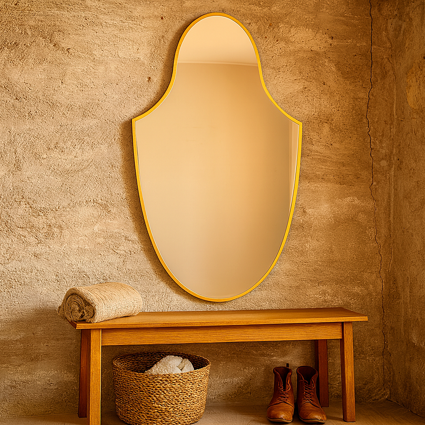 Modern Gold Wall Mirror – Arched Shield Shape Mirror for Living Room & Entryway
