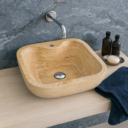 Travertine Stone Vessel Sink – Natural Marble Bathroom Basin (45x45x15 cm)