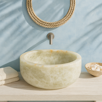 Marble Sink Green Onyx Stone Vessel – Handcrafted Round Bathroom Basin (40×40×15 cm)