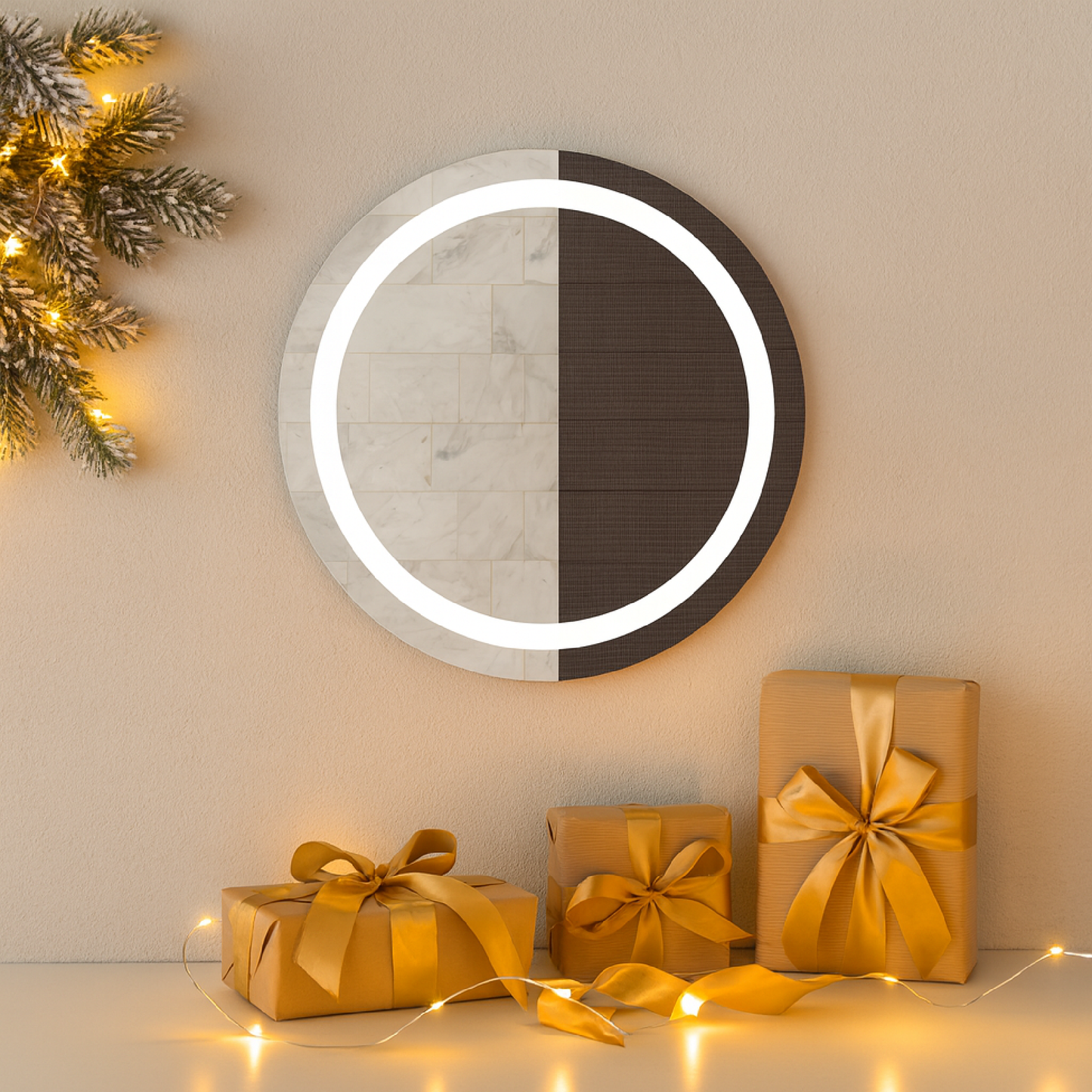 LED Bathroom Mirror – Round Lighted Vanity Mirror with Marble Frame, Modern Backlit Wall Mirror