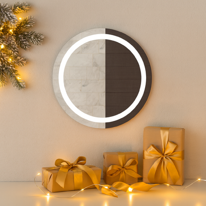 LED Bathroom Mirror – Round Lighted Vanity Mirror with Marble Frame, Modern Backlit Wall Mirror