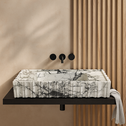 Marble Sink – Calacatta Viola Wall-Mount Bathroom Vanity Sink | Fluted U-Shape Stone Basin