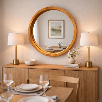 Handmade Solid Wood Framed Round Mirror – Modern Scandinavian Wall Mirror