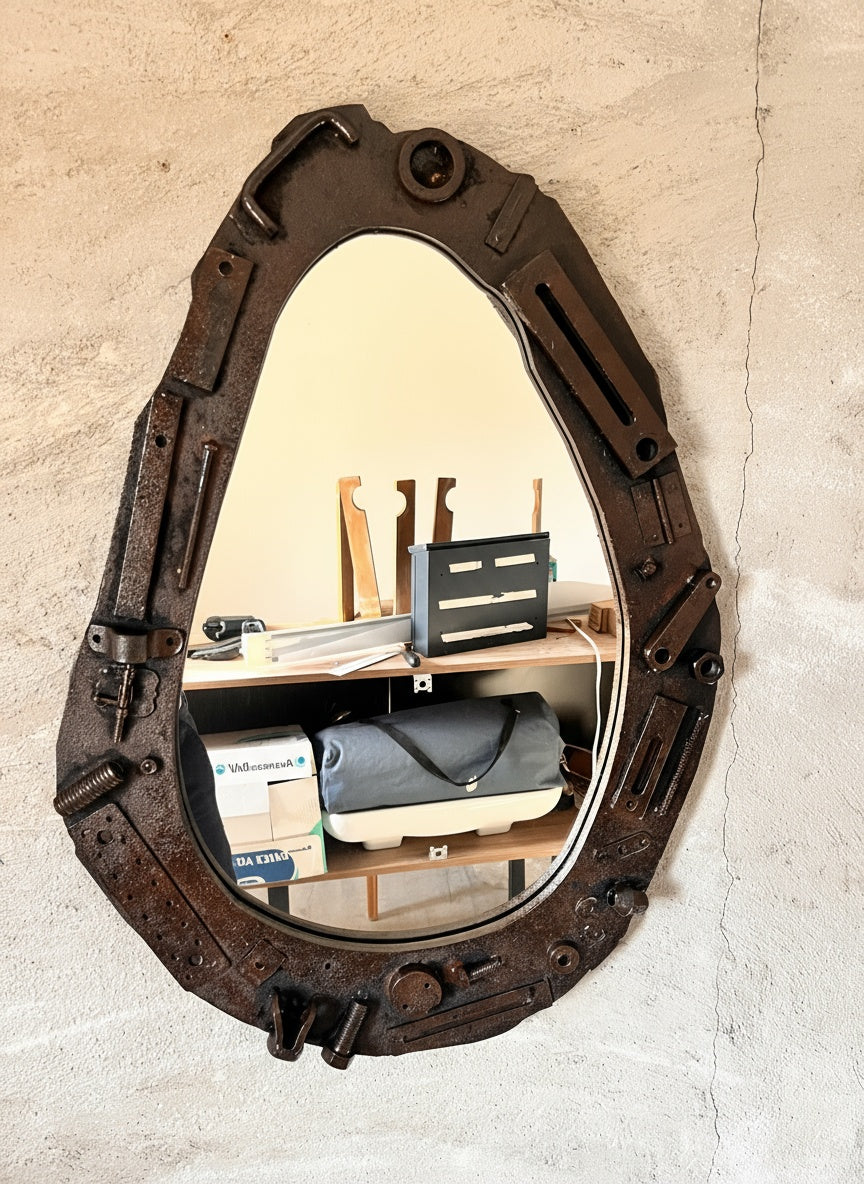 Industrial Wall Mirror – Steampunk MDF Frame Mirror with metal part for Loft & Modern Interiors