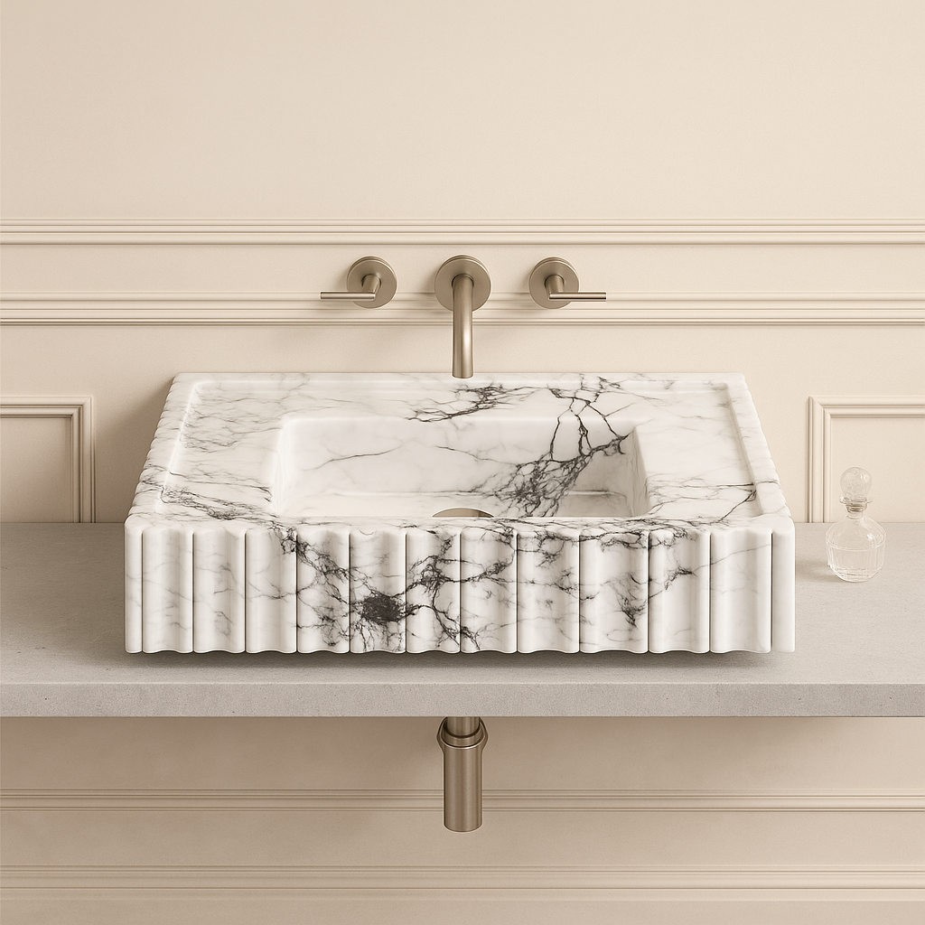 Marble Sink – Calacatta Viola Wall-Mount Bathroom Vanity Sink | Fluted U-Shape Stone Basin