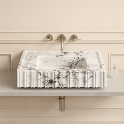 Marble Sink – Calacatta Viola Wall-Mount Bathroom Vanity Sink | Fluted U-Shape Stone Basin