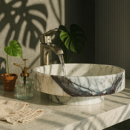 Marble Bathroom Sink – New York Marble Round Vessel Sink Polished | Natural Stone Above Counter Basin