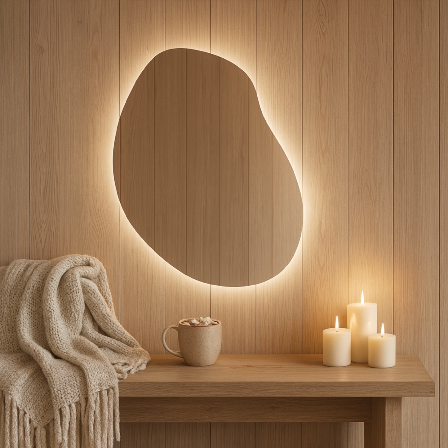 LED Bathroom Mirror – Modern Irregular Shaped Lighted Vanity Mirror with Touch Sensor
