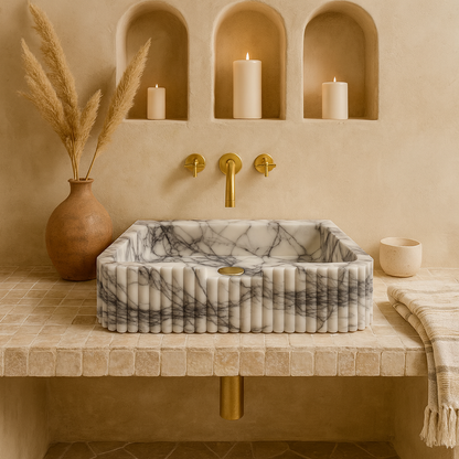 Luxury Marble Bathroom Sink – New York Marble Wall-Mount Vanity with Ribbed Texture