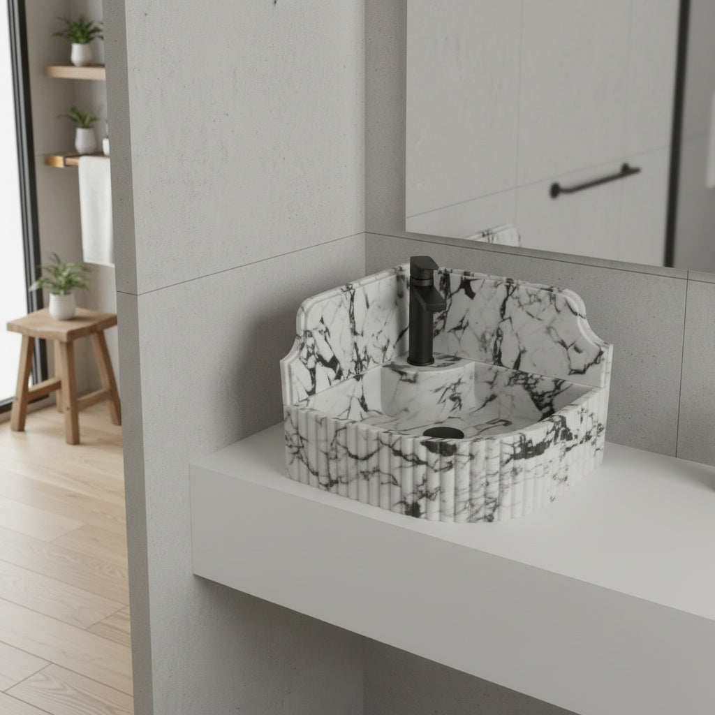 Marble Sink – Calacatta Viola Corner Wall-Mount Bathroom Sink with Fluted Design & 8" Backsplash | Luxury Natural Stone Basin 16"x16"x8"