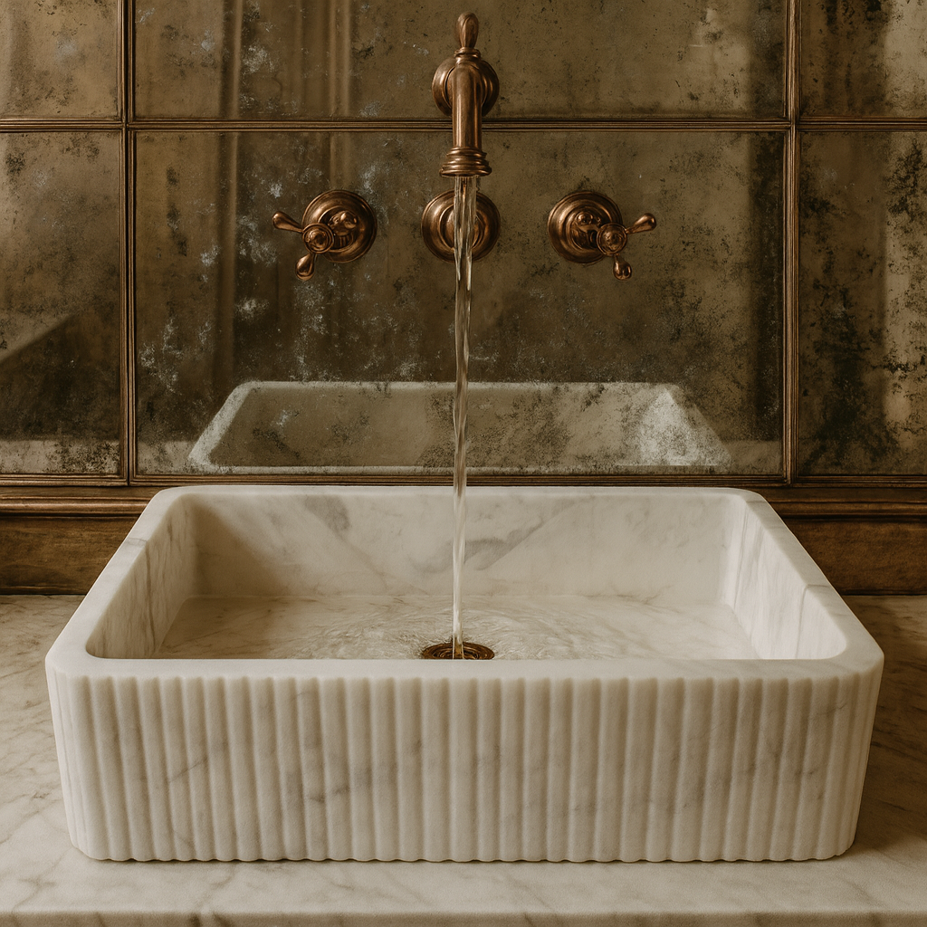 Marble Sink – Carrara White Wall-Mount Bathroom Sink Ribbed Textured | Luxury Natural Stone Vanity Basin 16"x24"x6"