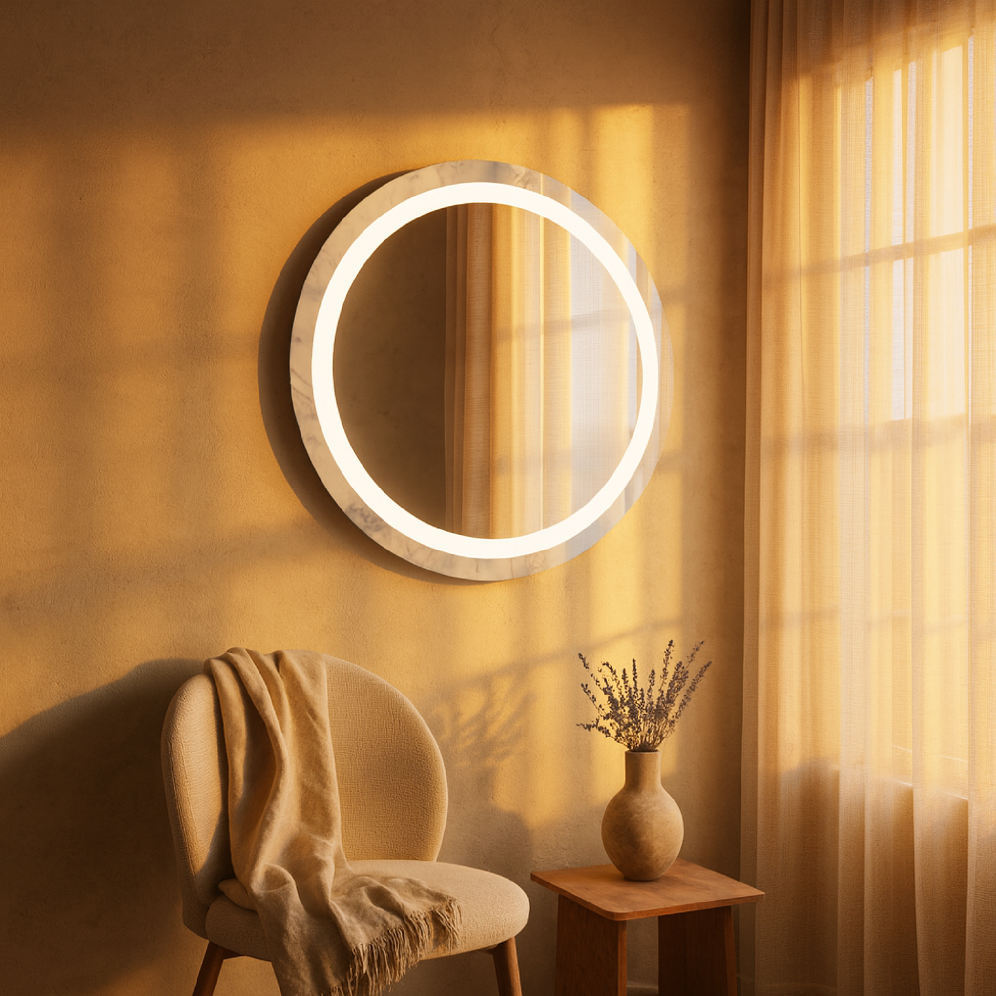 LED Bathroom Mirror – Round Lighted Vanity Mirror with Marble Frame, Modern Backlit Wall Mirror