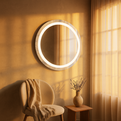 LED Bathroom Mirror – Round Lighted Vanity Mirror with Marble Frame, Modern Backlit Wall Mirror