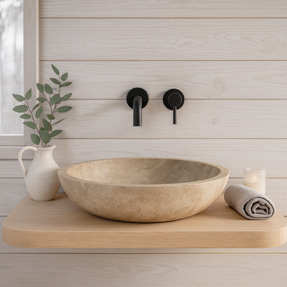 Marble Sink – Light Travertine Stone Vessel Sink for Bathroom | Round Natural Basin 16"x16"x4"