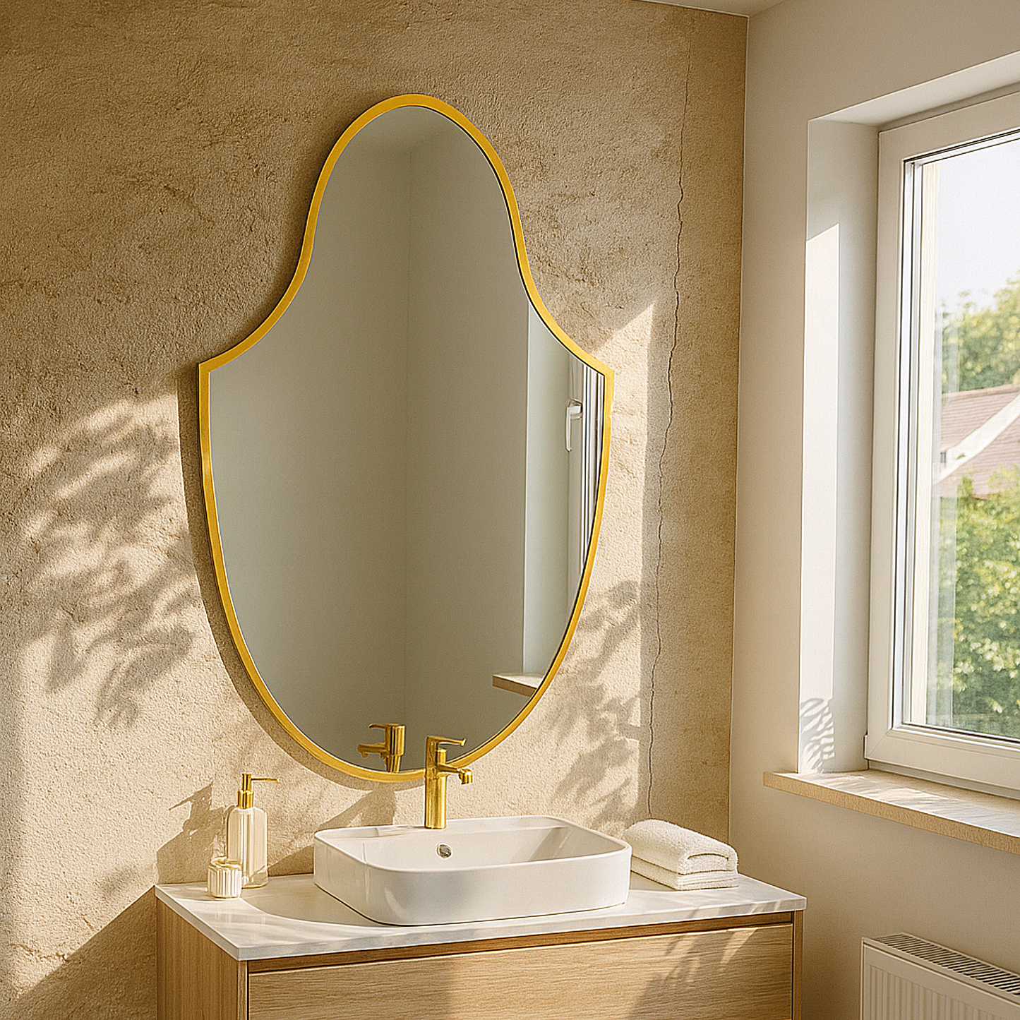 Modern Gold Wall Mirror – Arched Shield Shape Mirror for Living Room & Entryway