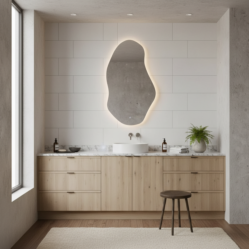 LED Bathroom Mirror – Irregular Organic Shaped Lighted Vanity Mirror with Touch Sensor
