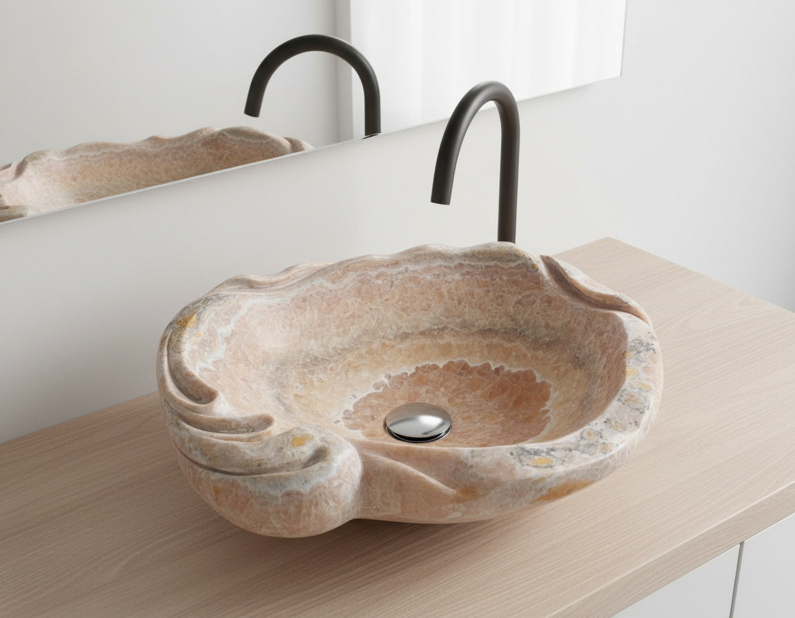 Marble Sink – Luxury Stone Sink Bathroom Basin (50x55x15 cm), Handcrafted Natural Marble Vanity Bowl