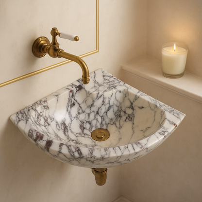 Marble Sink – Calacatta Viola Corner Wall-Mount Vanity Sink | Luxury Natural Stone Bathroom Basin 12"x12"x6"