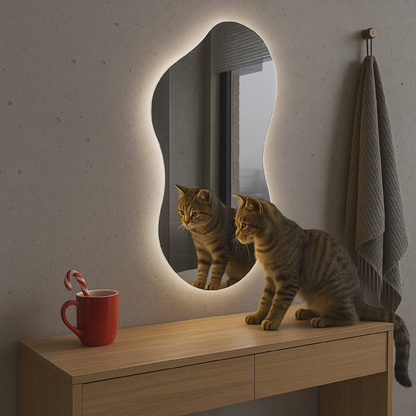 LED Bathroom Mirror Asymmetrical Shape – Modern Backlit Vanity Wall Mirror