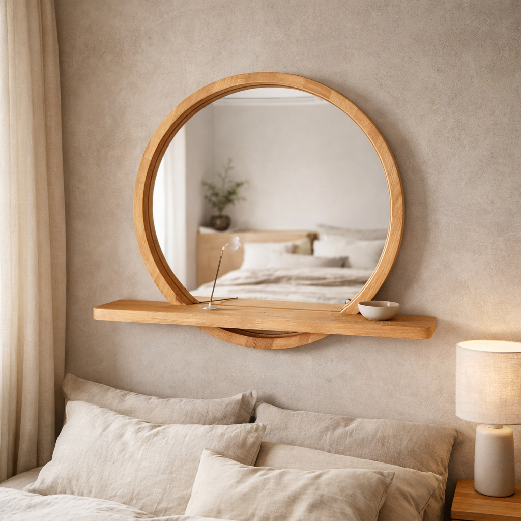 Solid Beech Wood Round Mirror with Shelf – Scandinavian Entryway Bathroom Mirror