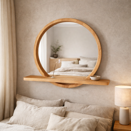 Solid Beech Wood Round Mirror with Shelf – Scandinavian Entryway Bathroom Mirror