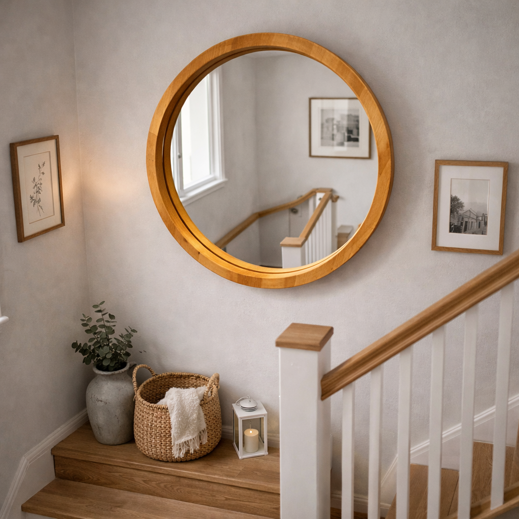 Handmade Solid Wood Framed Round Mirror – Modern Scandinavian Wall Mirror