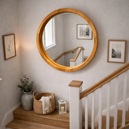 Handmade Solid Wood Framed Round Mirror – Modern Scandinavian Wall Mirror