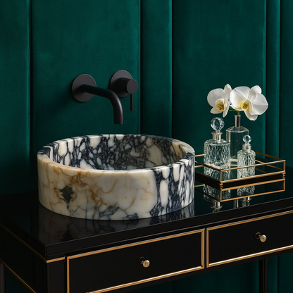 Marble Sink – Calacatta Viola Stone Vessel Sink for Bathroom | Luxury Round Basin 16"x16"x5.5"