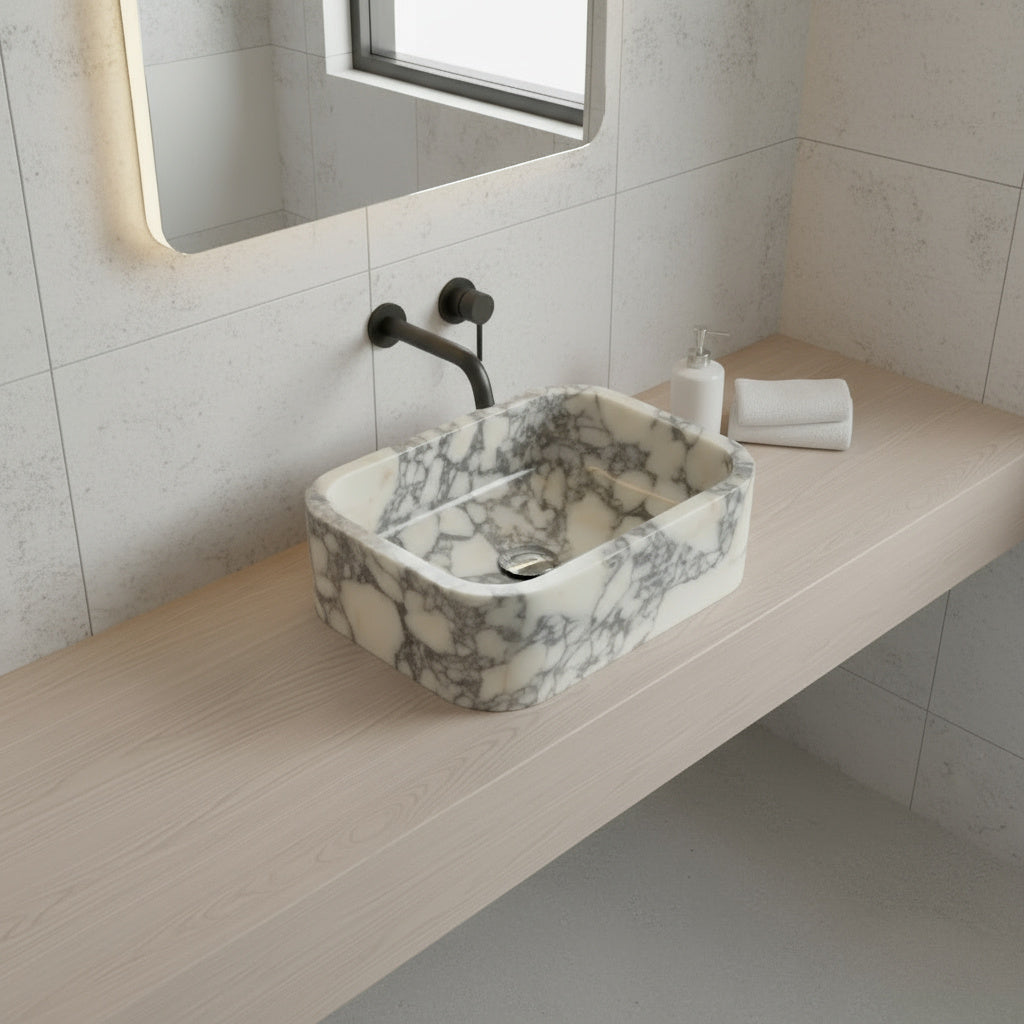 Calacatta Viola Marble Bathroom Sink – Wall-Mount Rectangular Vanity Basin, Natural Stone Polished