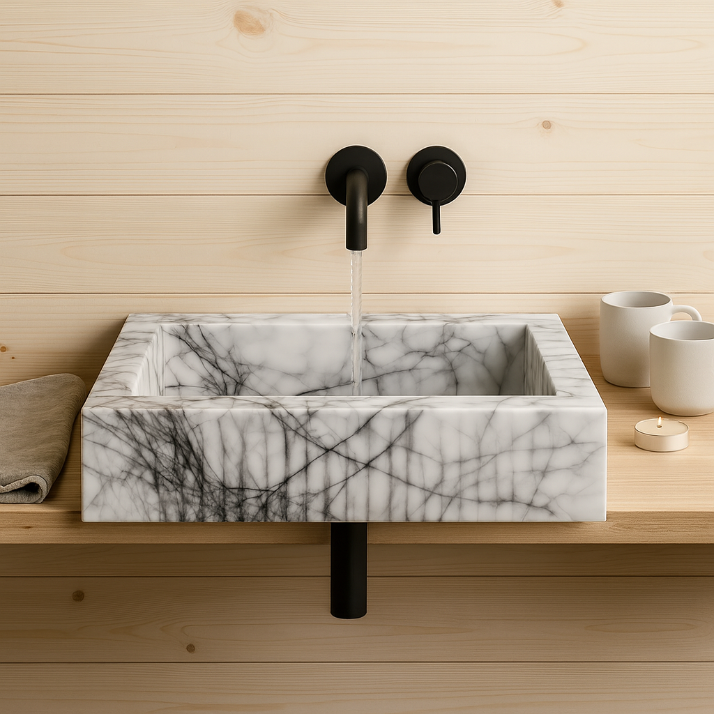 Luxury Marble Bathroom Sink – New York Marble Wall-Mount Vanity with Fluted Front (12” x 20” x 5”)