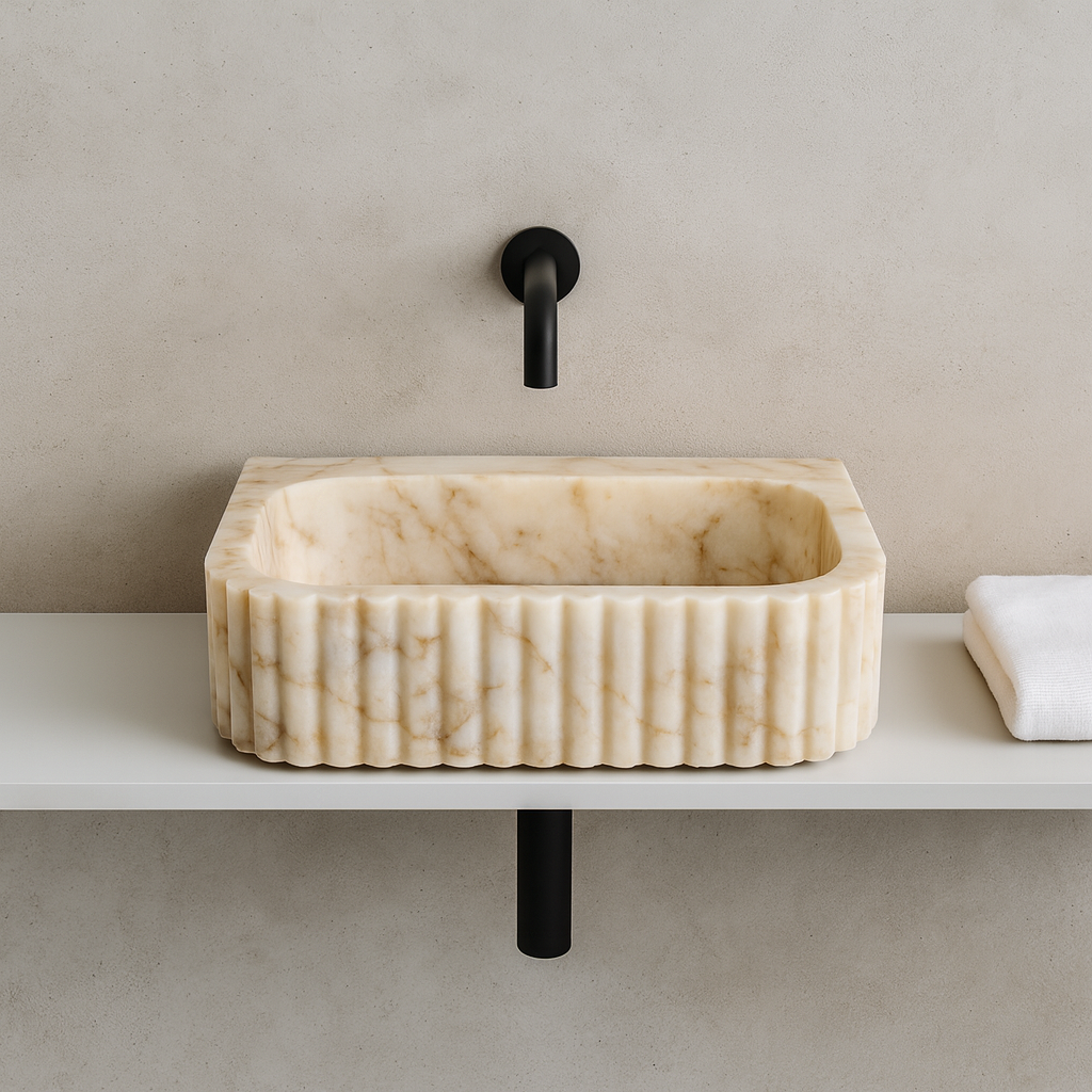 Marble Sink – Calacatta Stone Vessel Sink for Bathroom | Fluted Luxury Rectangular Basin 16"x20"x5.5"