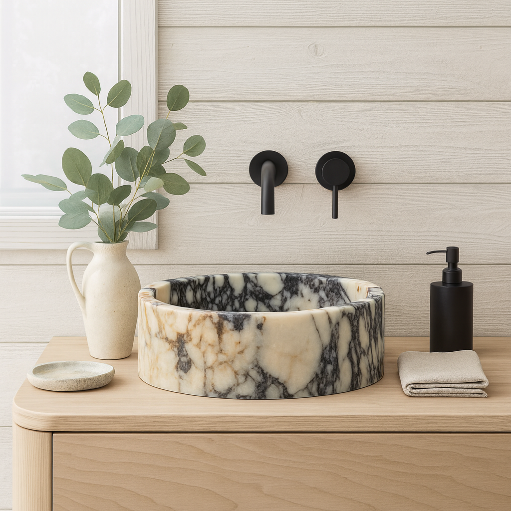 Marble Sink – Calacatta Viola Stone Vessel Sink for Bathroom | Luxury Round Basin 16"x16"x5.5"