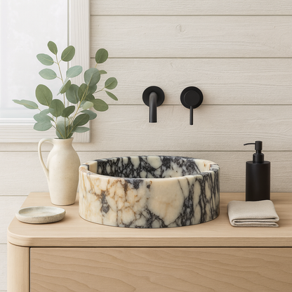 Marble Sink – Calacatta Viola Stone Vessel Sink for Bathroom | Luxury Round Basin 16"x16"x5.5"