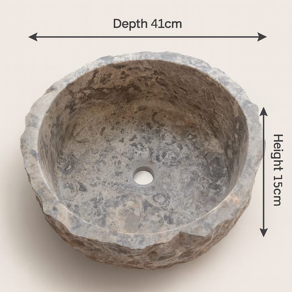 Rustic Stone Bathroom Sink – Silver Travertine Vessel Sink | Natural Hand-Carved Vanity Bowl