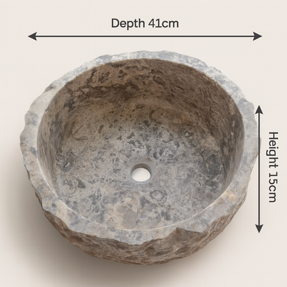 Rustic Stone Bathroom Sink – Silver Travertine Vessel Sink | Natural Hand-Carved Vanity Bowl