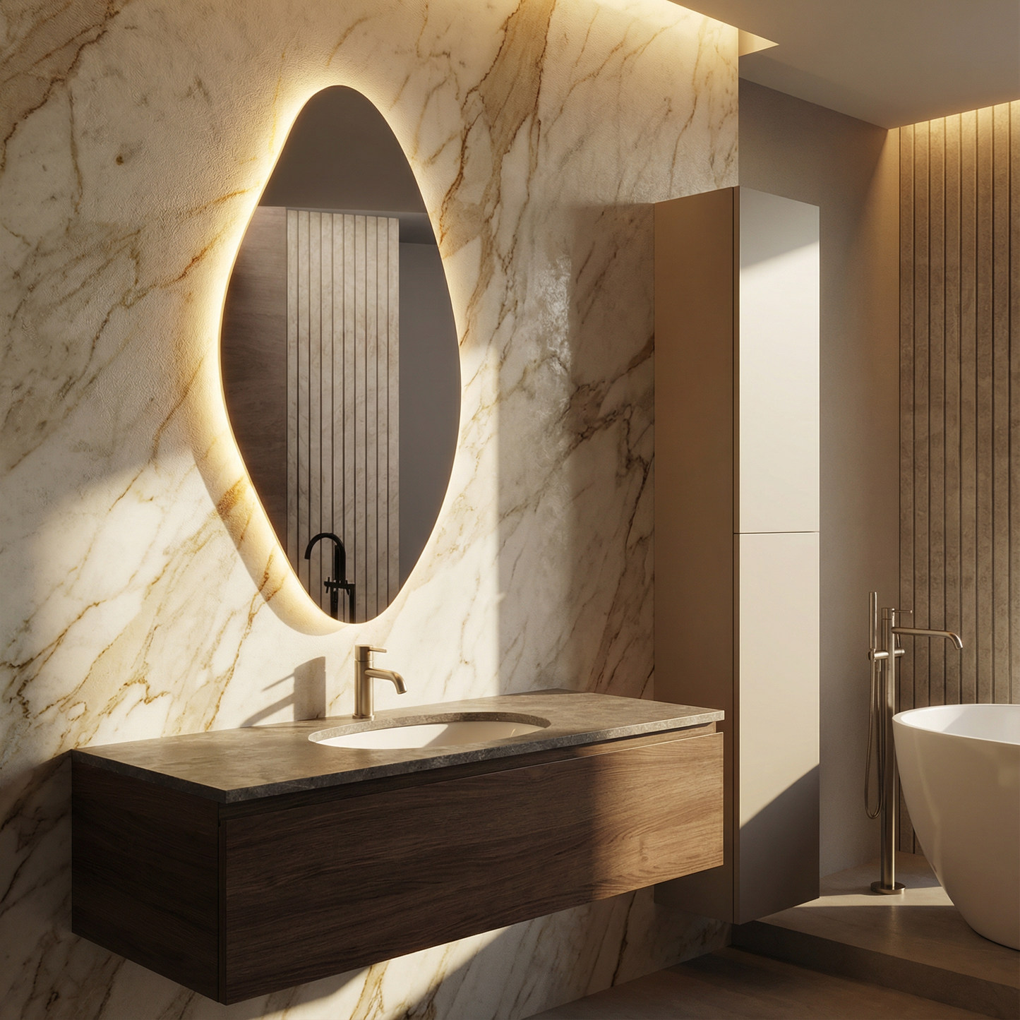 LED Bathroom Mirror – Modern Organic Oval Backlit Vanity Mirror with Touch Sensor