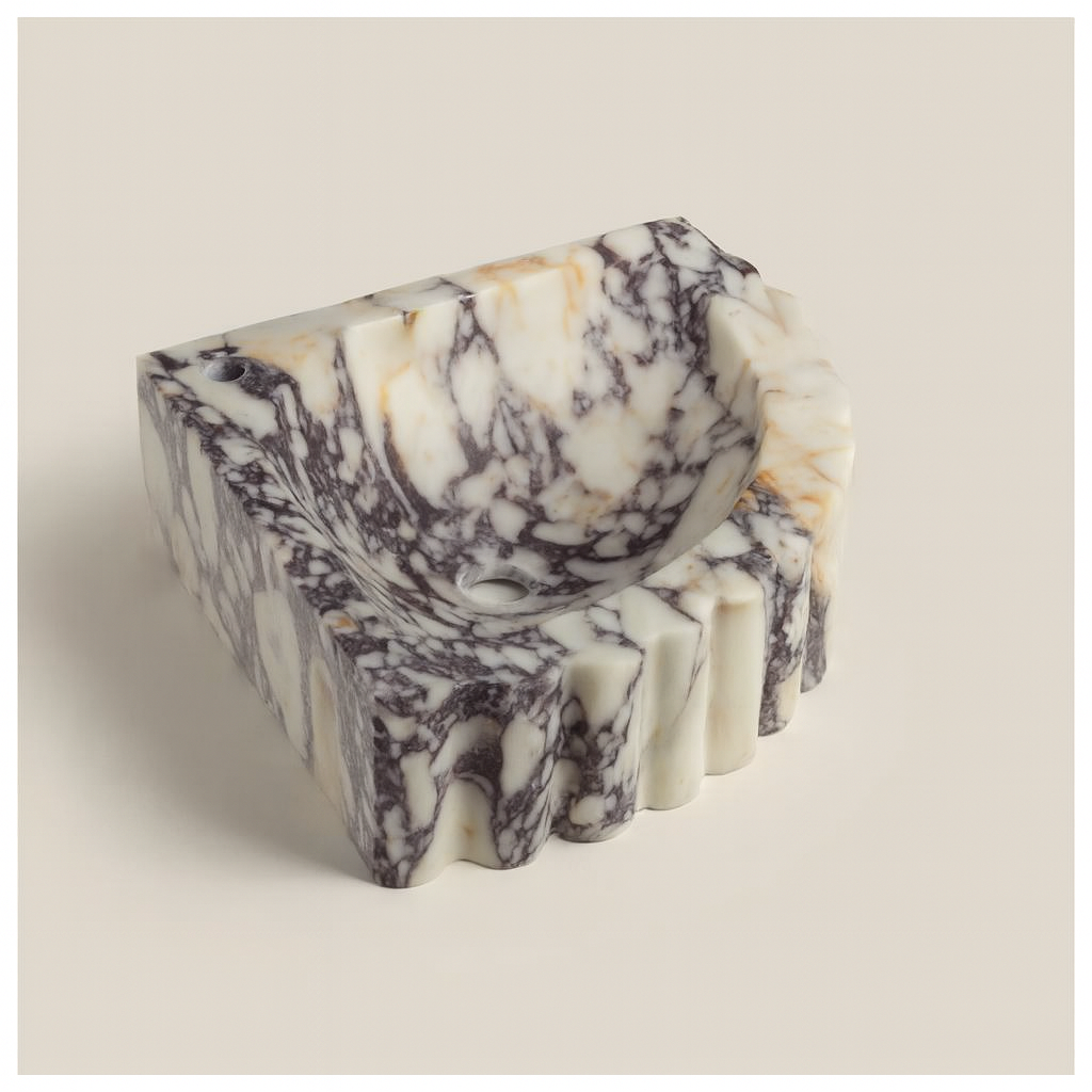 Marble Sink – Calacatta Viola Corner Wall-Mount Ribbed Vanity Sink | Luxury Natural Stone Basin 20"x20"x7"