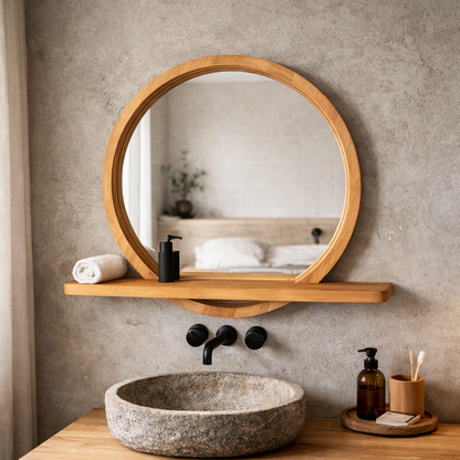 Solid Beech Wood Round Mirror with Shelf – Scandinavian Entryway Bathroom Mirror