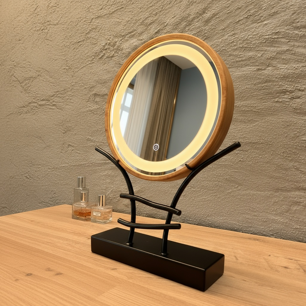 LED Makeup Mirror with Wooden Frame – Dimmable Touch Lighted Vanity Mirror & Jewelry Holder