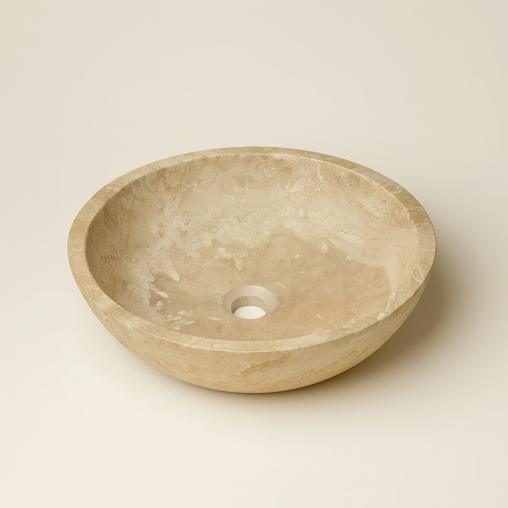 Marble Sink – Light Travertine Stone Vessel Sink for Bathroom | Round Natural Basin 16"x16"x4"