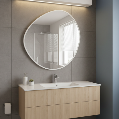 Irregular Round Bathroom Mirror – Modern Organic Wall Mirror with Black Frame