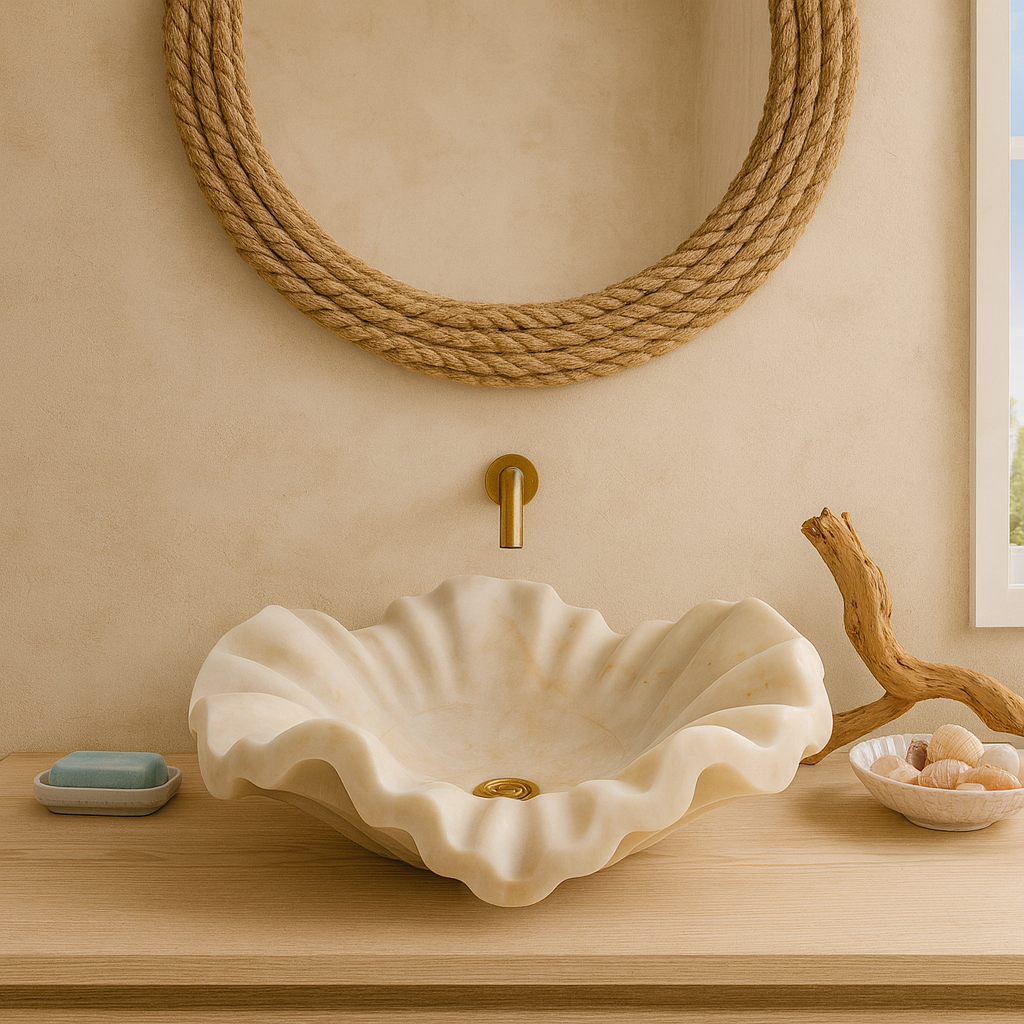 Marble Sink – Luxury Stone Vessel Sink Petal Bowl 17"x17"x6" (43x43x15 cm) Hand-Carved Natural Marble Basin