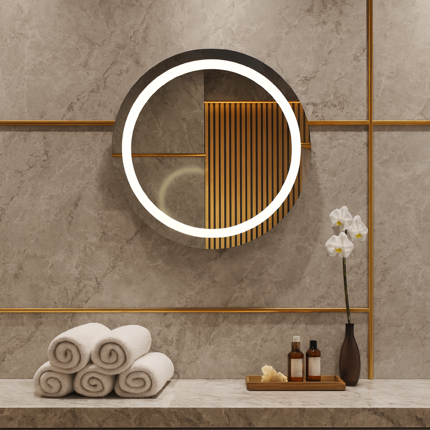LED Bathroom Mirror – Round Lighted Vanity Mirror with Marble Frame, Modern Backlit Wall Mirror
