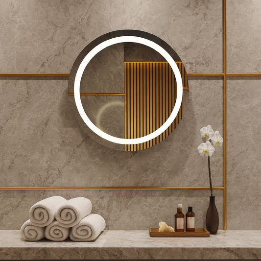 LED Bathroom Mirror – Round Lighted Vanity Mirror with Marble Frame, Modern Backlit Wall Mirror